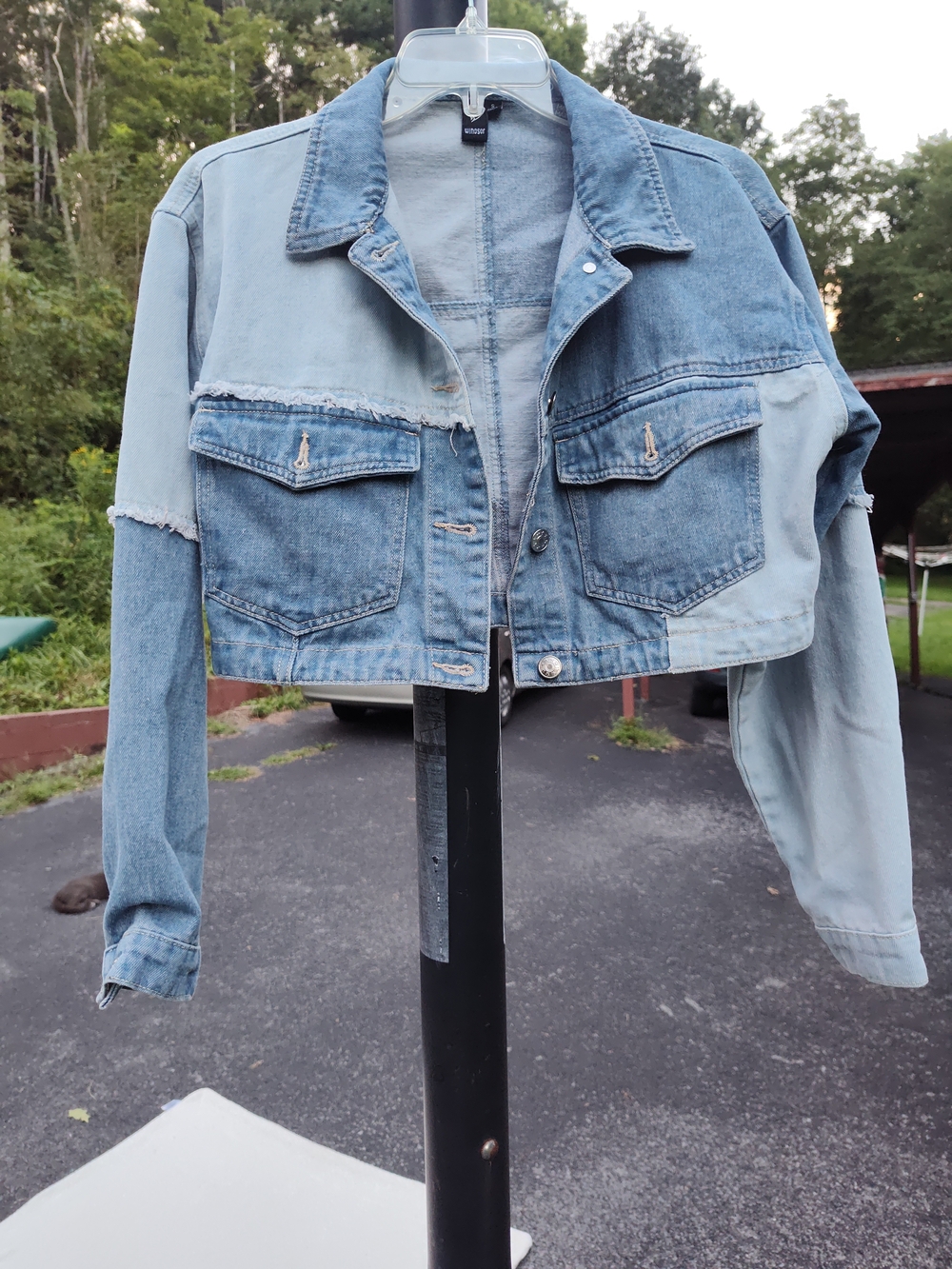 Windsor Two-Tone Cropped Denim Jacket - Light & Medium Blue Distressed